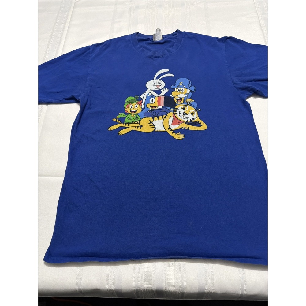 Vintage Cereal Mascots Graphic T-Shirt Blue Tony Tiger Toucan Sam Mens Large